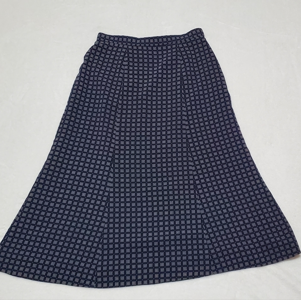 VINTAGE 90s Pendleton Navy Blue Square Print Cropped Blouse Flared Skirt Set 6 - Picture 9 of 16